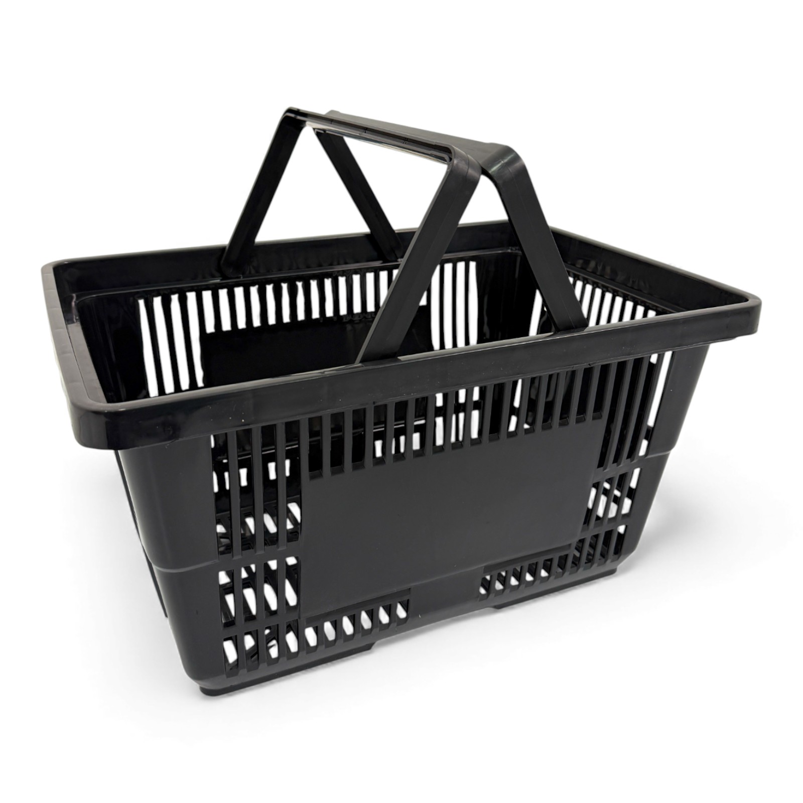 28L Black Plastic Shopping Basket–HDPE,Foldable Handles,Stackable Retail Use