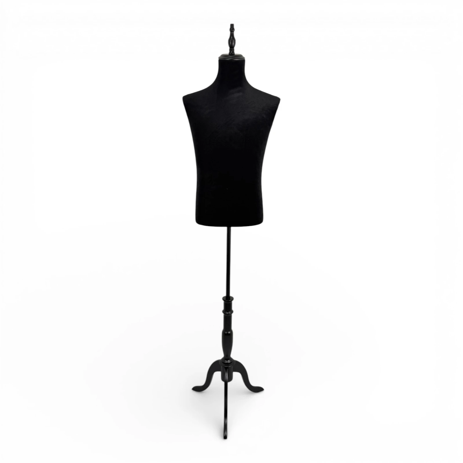 Black Velvet Male Mannequin Torso with Adjustable Wooden Stand