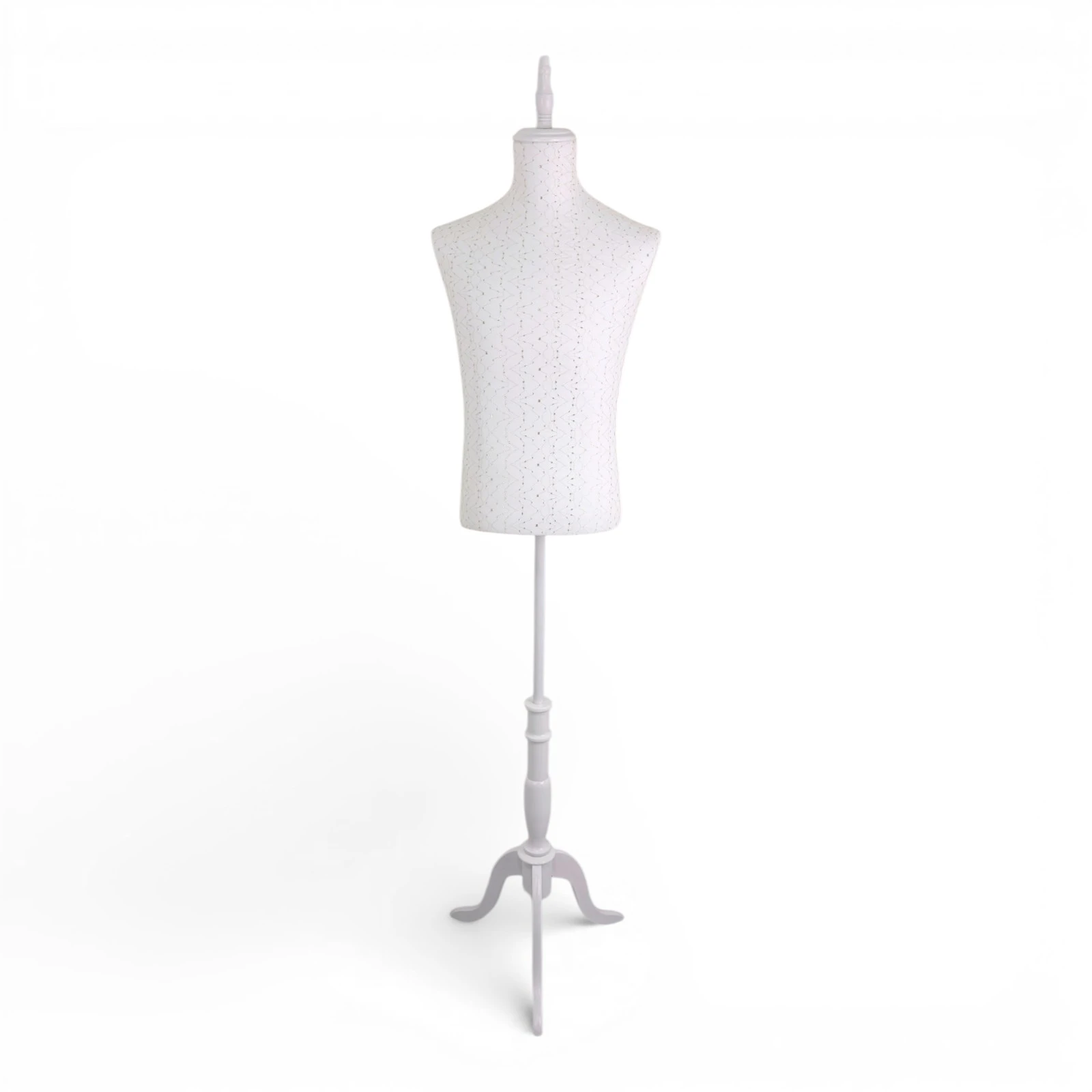 Male White Lace Mannequin Torso with Adjustable Wooden Tripod Stand