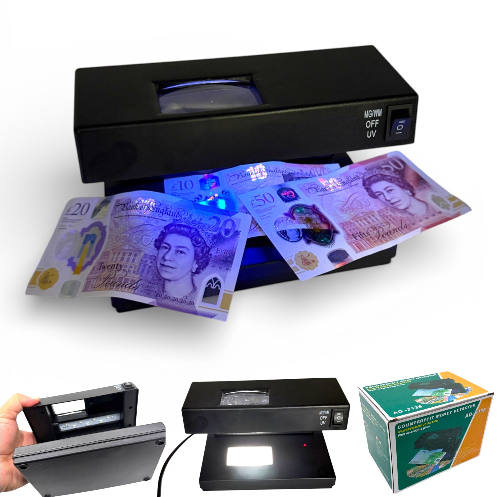 AD-2138 Fake Note Detector Machine with UV, Watermark Detection & Magnifier