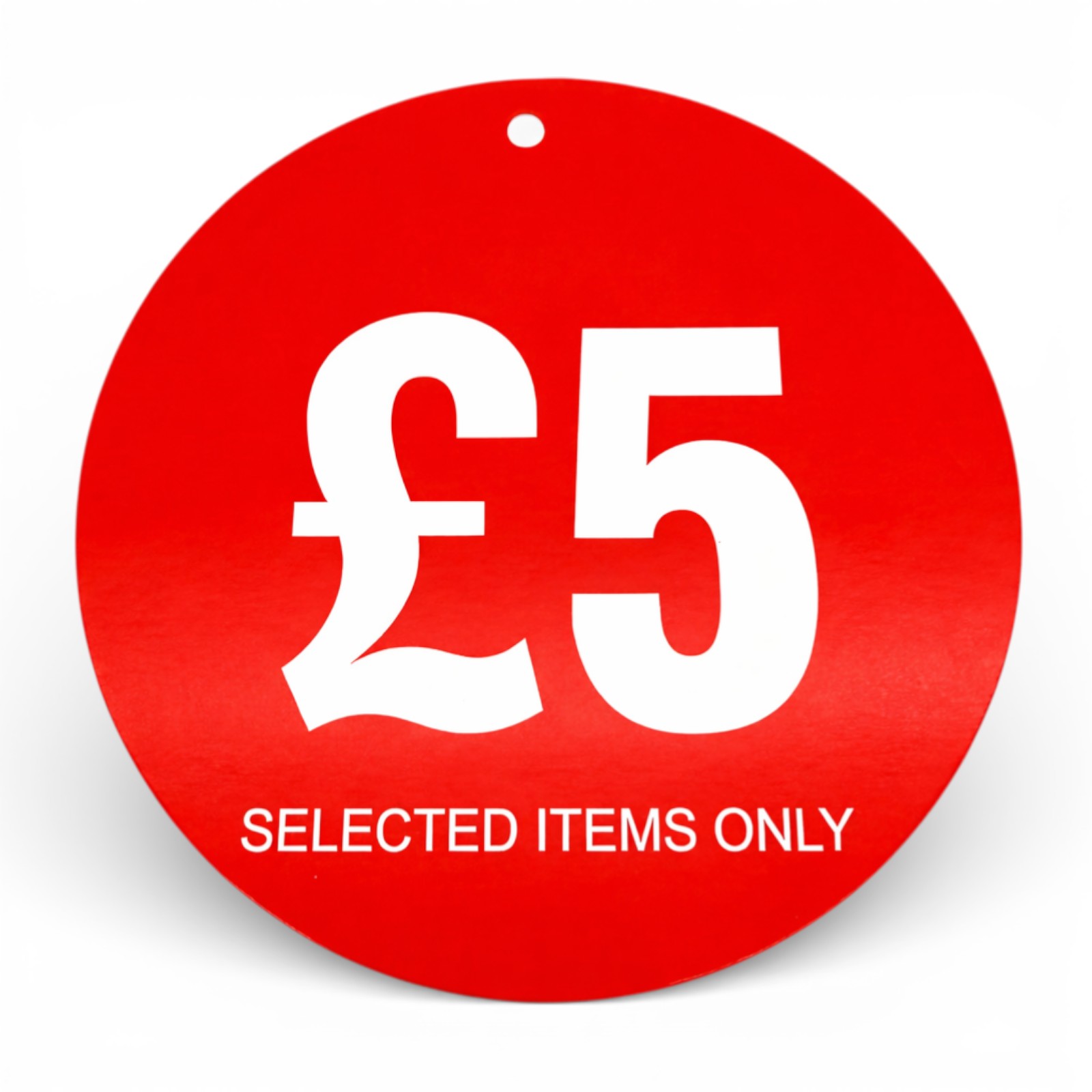 £5 Round Hanger Tickets 100mm Red Sale Tags “Selected Items Only” (Pack of 100)
