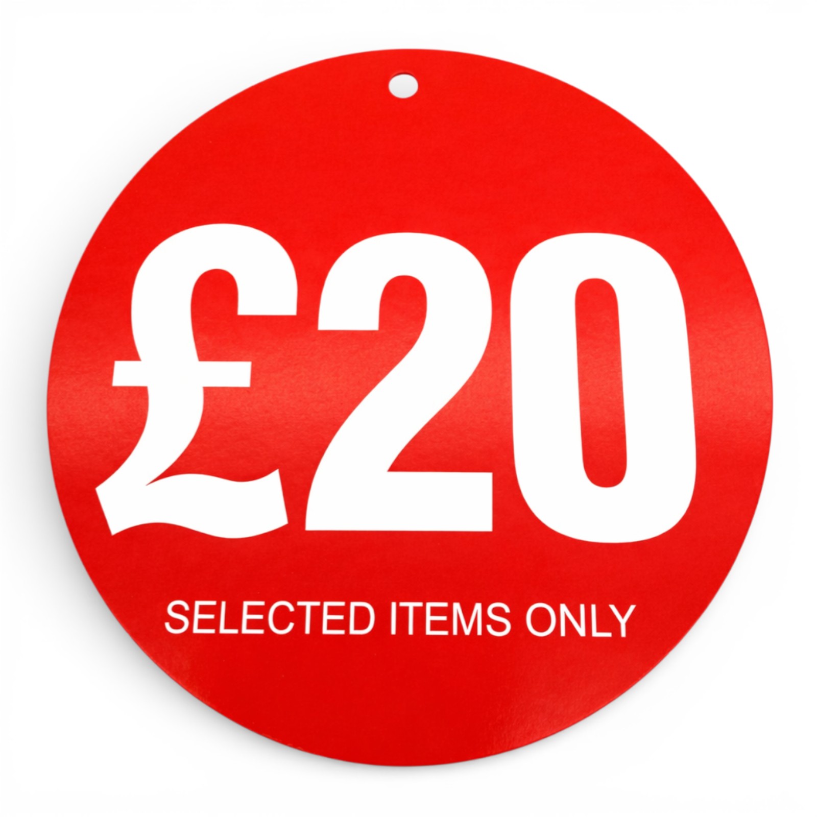 £20 Round Hanger Tickets 100mm Red Sale Tags “Selected Items Only” (Pack of 100)
