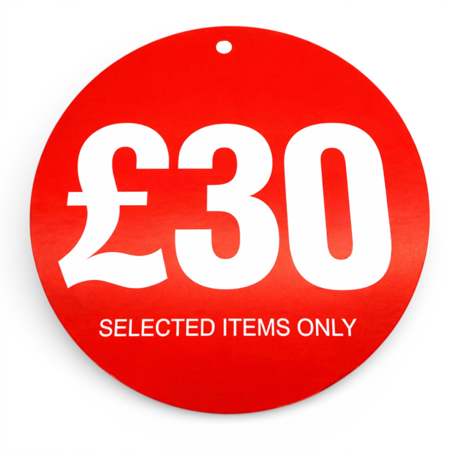 £30 Round Hanger Tickets 100mm Red Sale Tags “Selected Items Only” (Pack of 100)