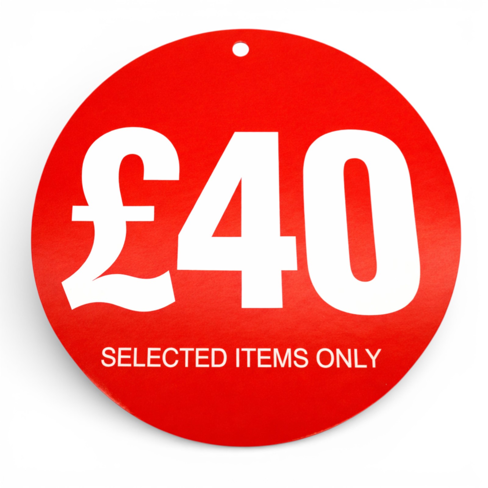 £40 Round Hanger Tickets 100mm Red Sale Tags “Selected Items Only” (Pack of 100)