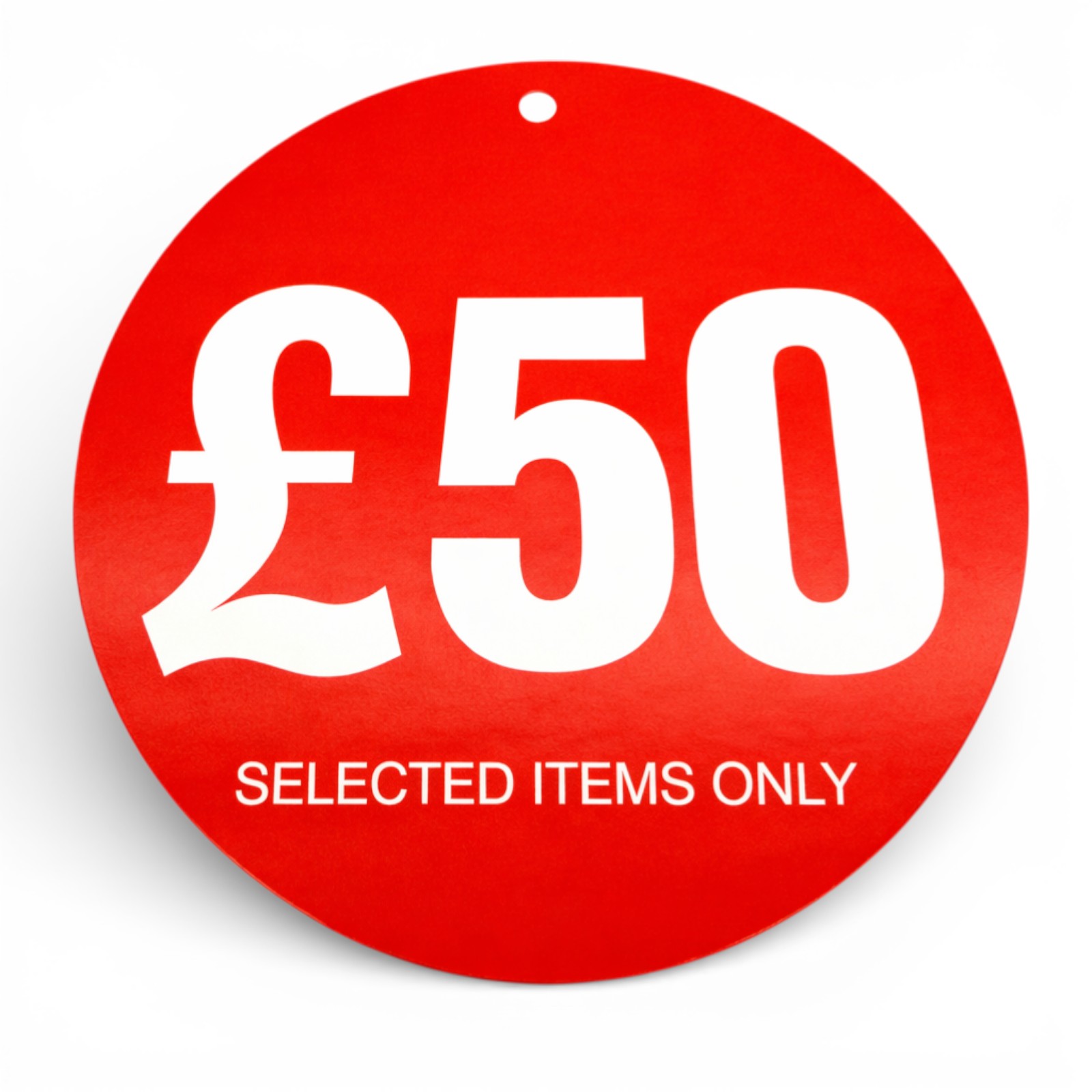 £50 Round Hanger Tickets 100mm Red Sale Tags “Selected Items Only” (Pack of 100)