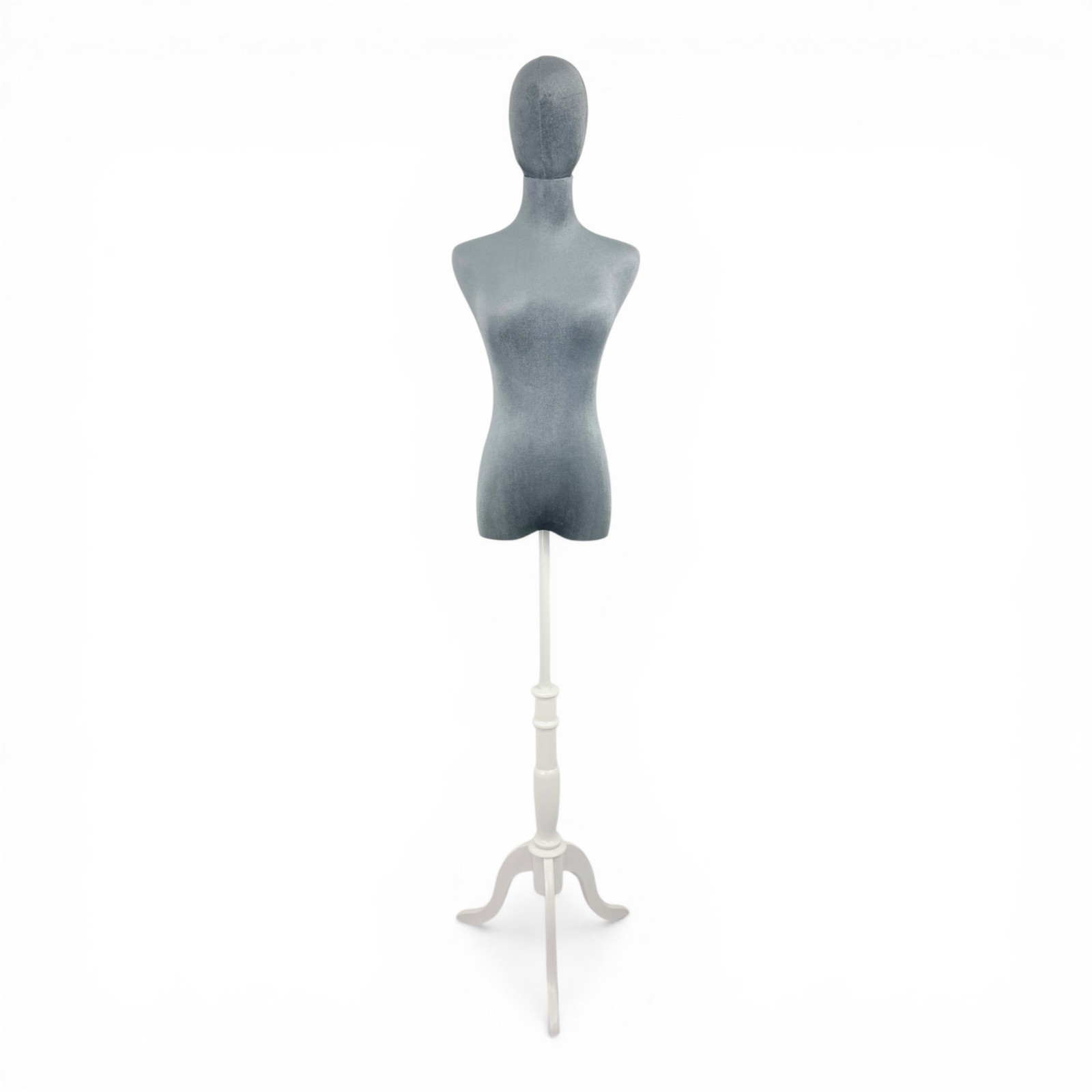 Premium Grey Velvet Female Plastic Torso with Adjustable Height Wooden Stand