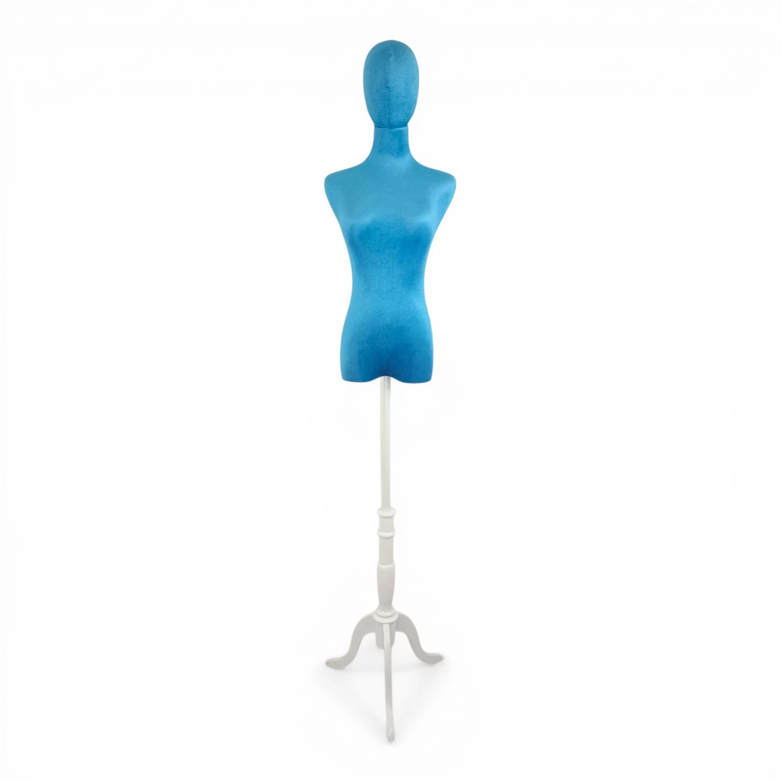 Premium Blue Velvet Female Plastic Torso with Adjustable Height Wooden Stand