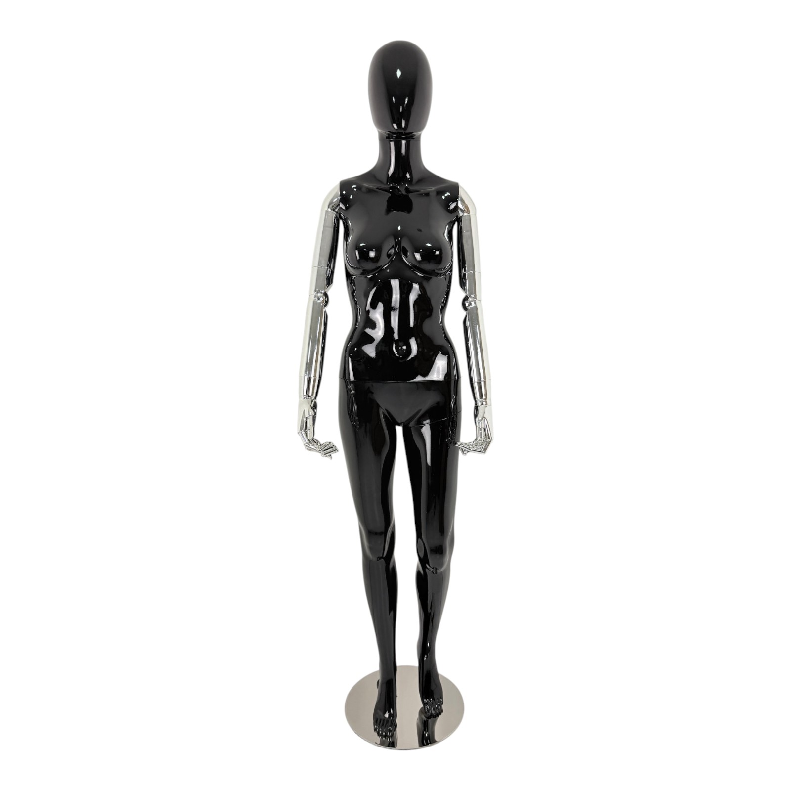 Premium Female Faceless Glossy Black Egg Head Mannequin with Chrome Arms & Base