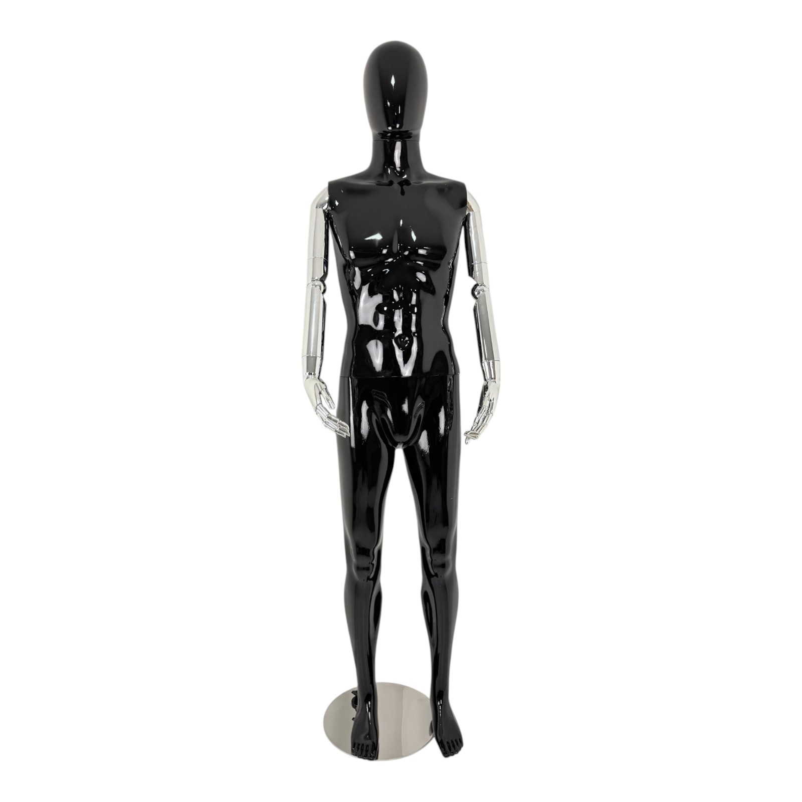Premium Male Faceless Glossy Black Egg Head Mannequin with Chrome Arms & Base