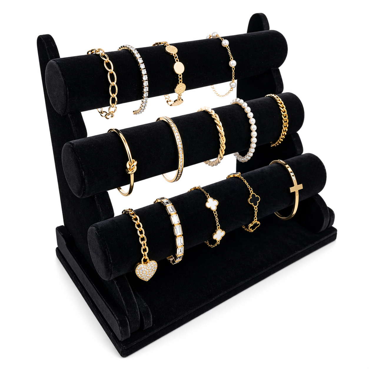 3 Tier Black Velvet Jewellery Display Stand Bracelet Watch Holder