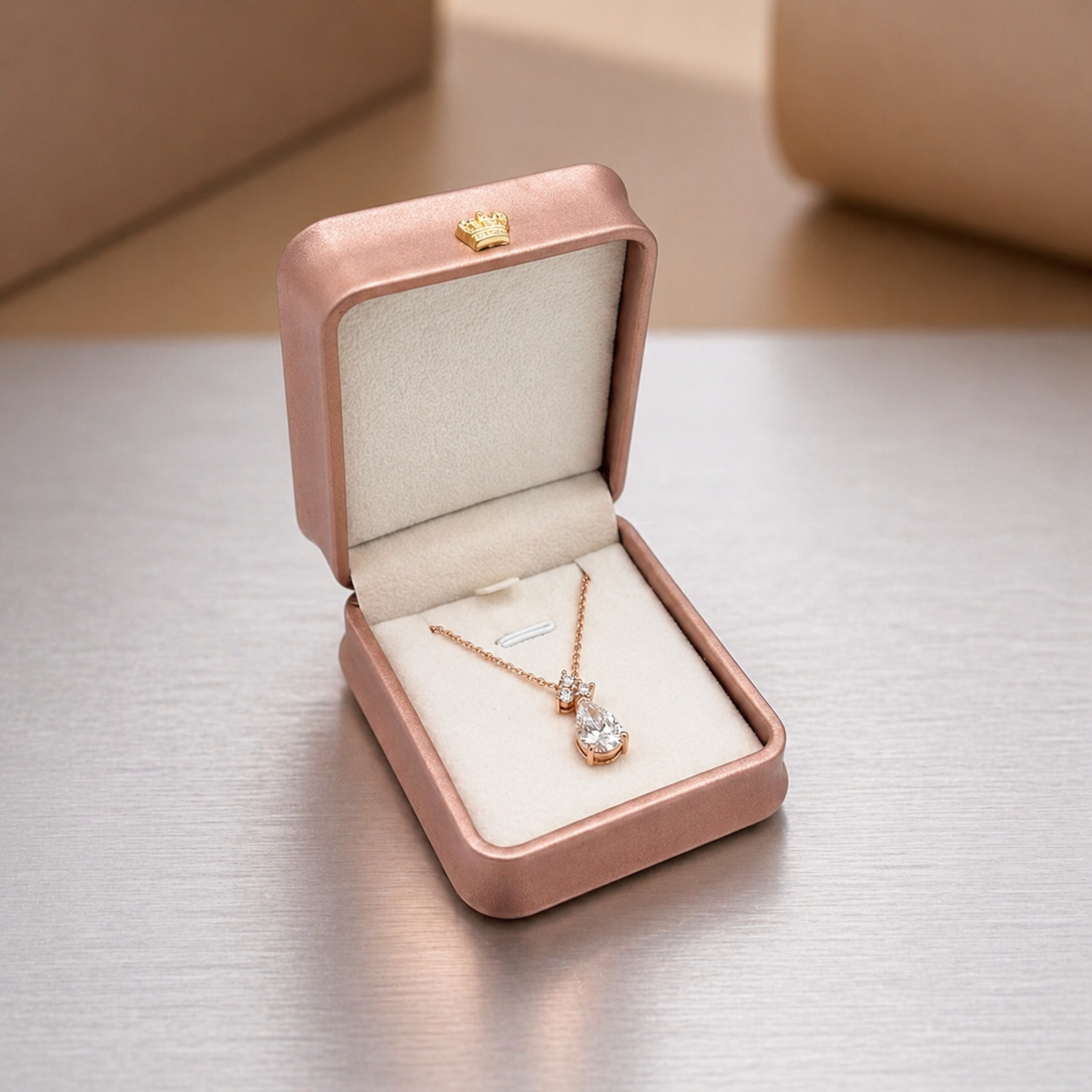 Luxury Rose Gold PU Leather Pendant Box Jewellery Gift Case
