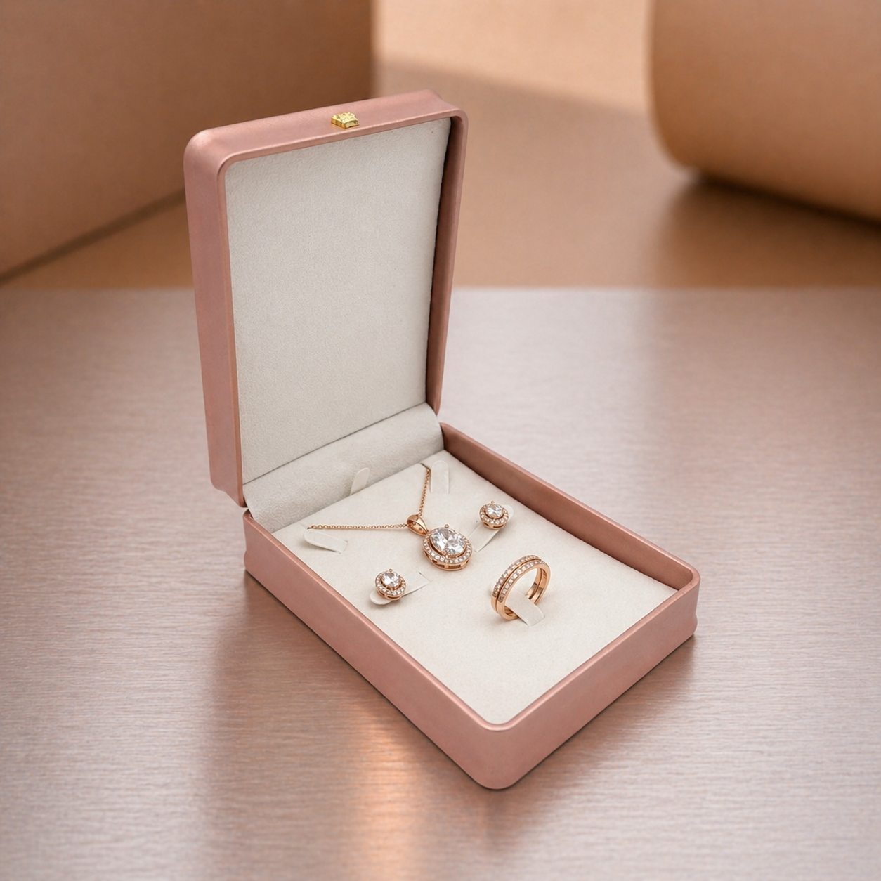 Luxury Rose Gold PU Leather Wedding Jewellery Set Box Case
