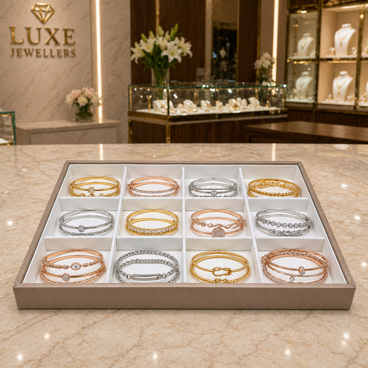 Luxury Rose Gold Bangle Bracelet Organiser Tray With 12 Compartments