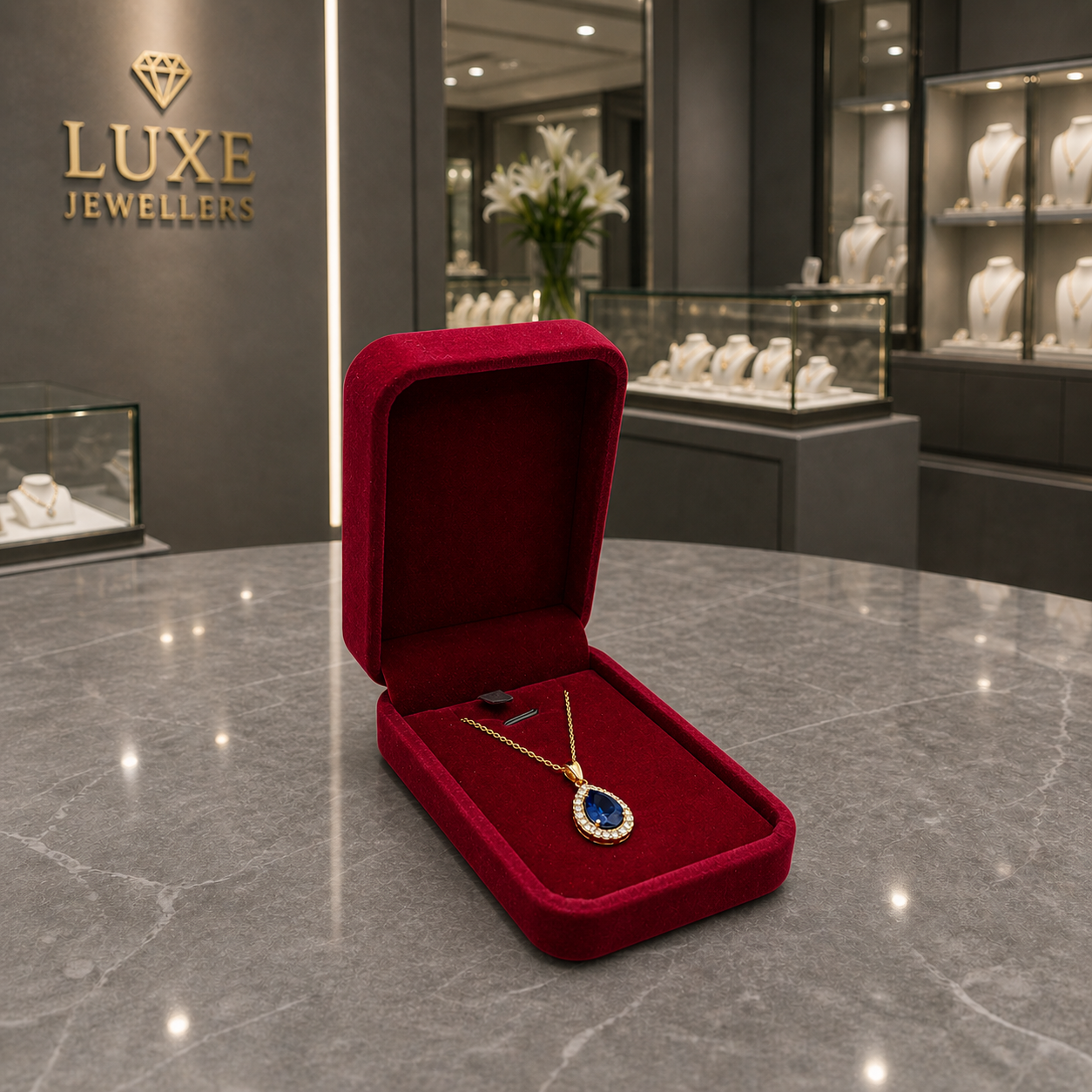 Red Velvet Pendant Box Vintage Wedding Engagement Jewellery Gift Case