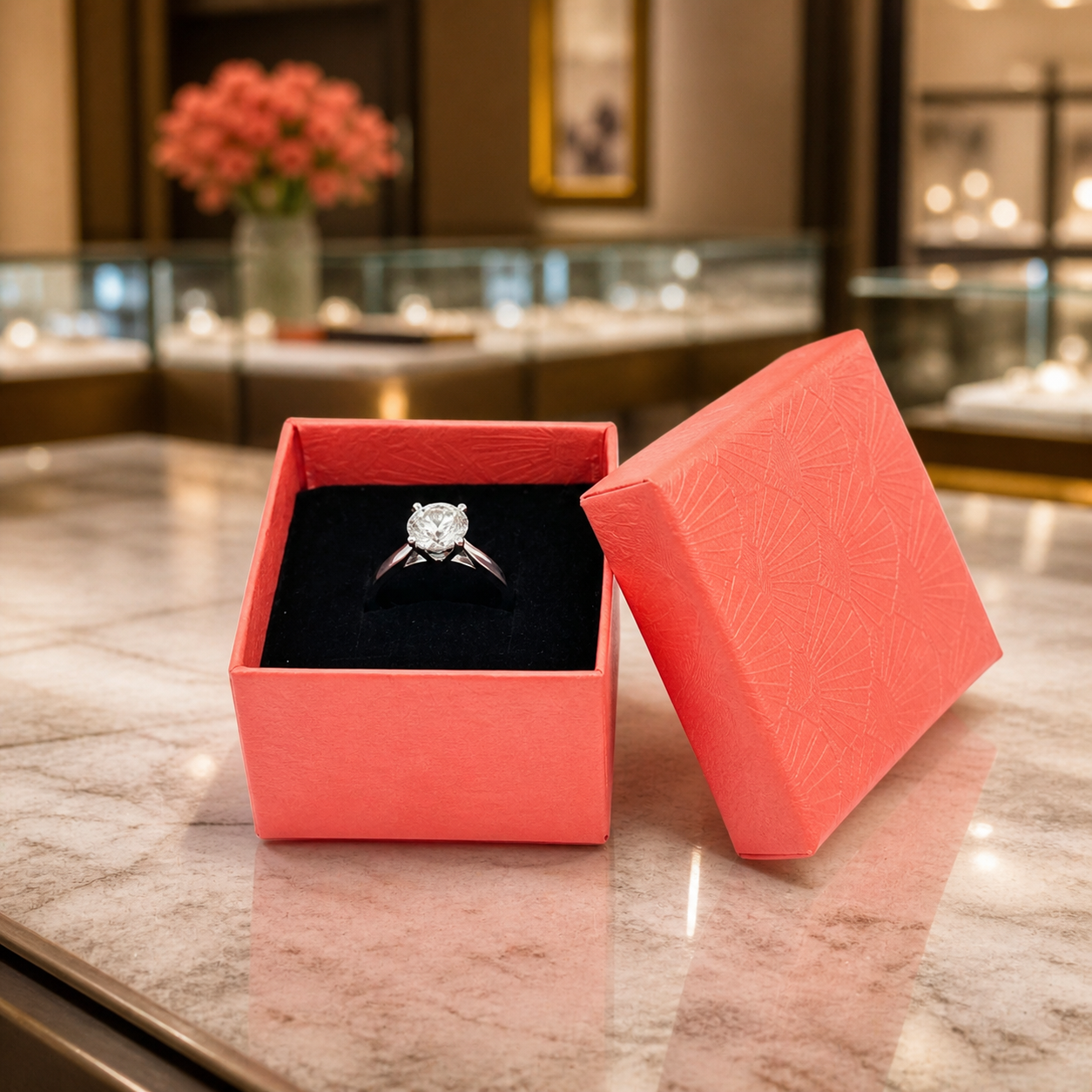 Calypso Coral Ring Jewellery Gift Box with Black Foam Insert