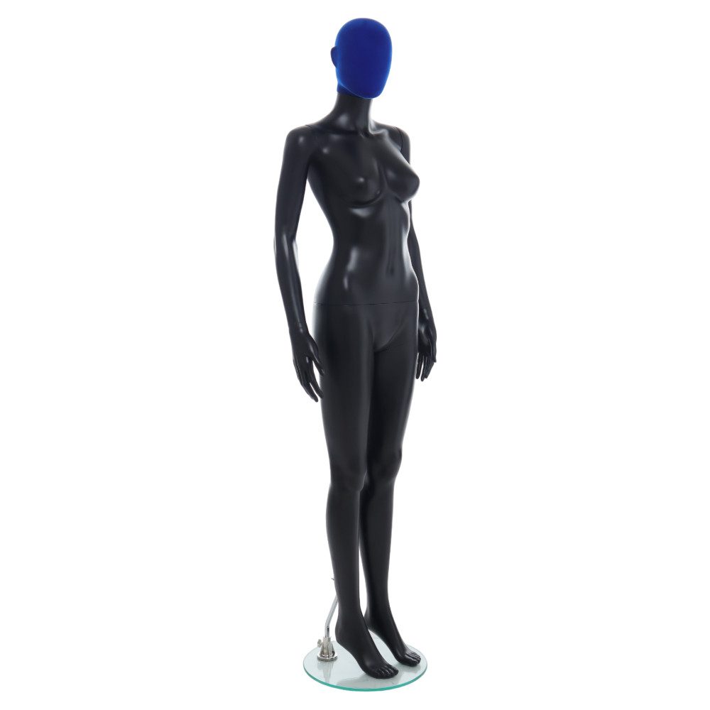 Female Mannequin – Black Finish with Blue Pile Head