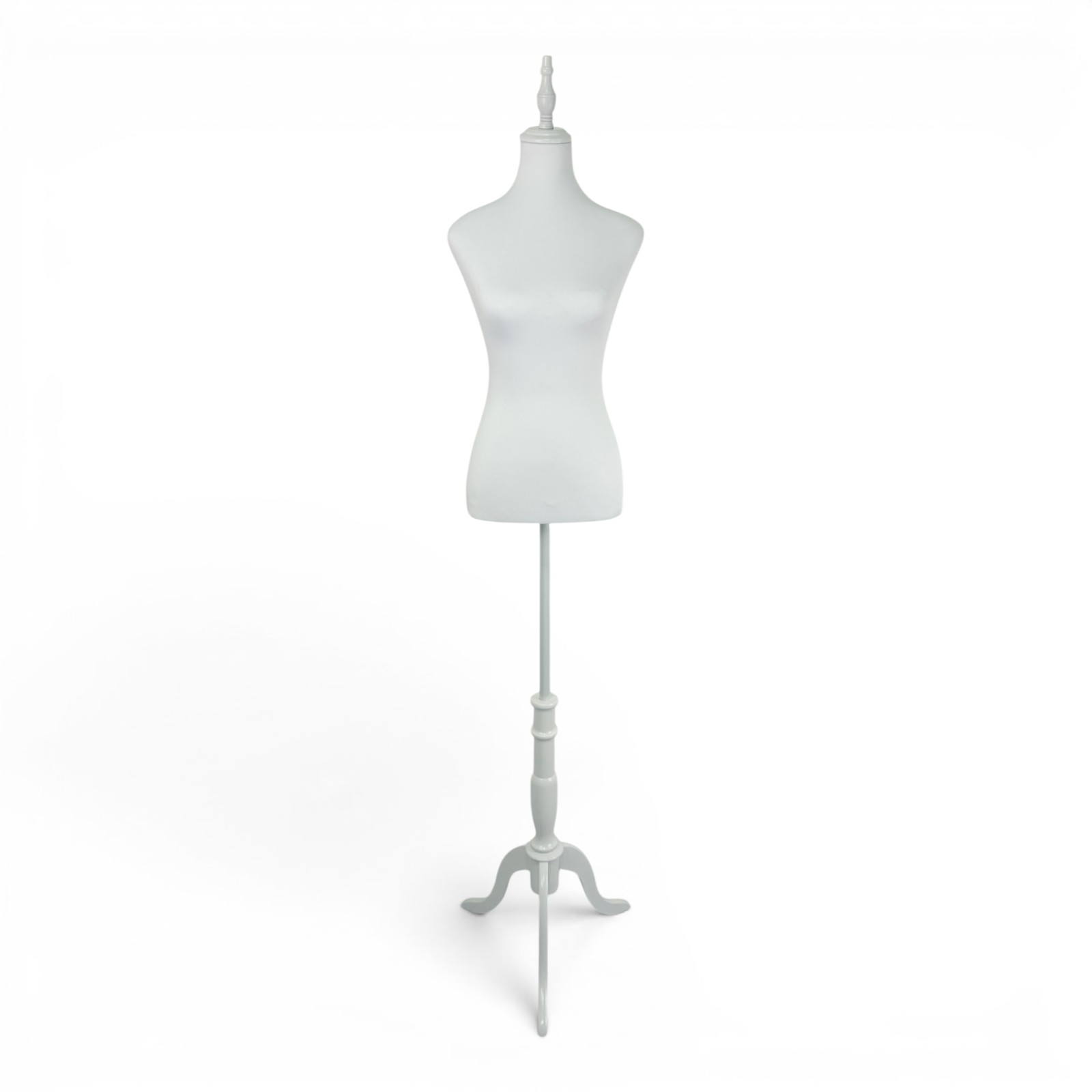 White Female Mannequin Torso with White Wooden Tripod Stand