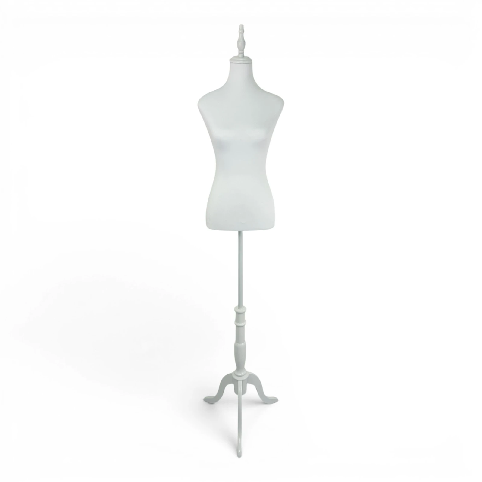 White Female Mannequin Torso with White Wooden Tripod Stand