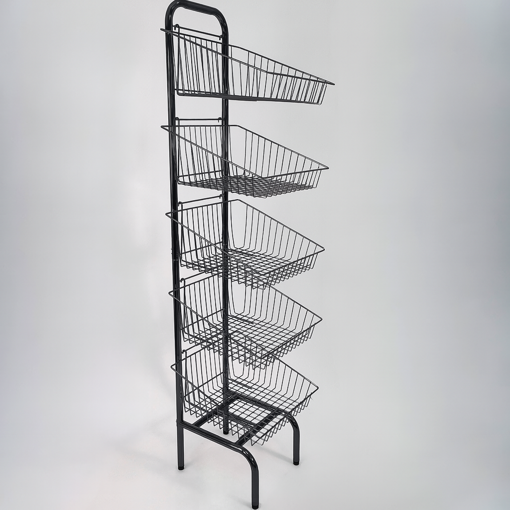 5 Tier Black Wire Basket Stand–Freestanding Display Rack for Bread,Snacks & More