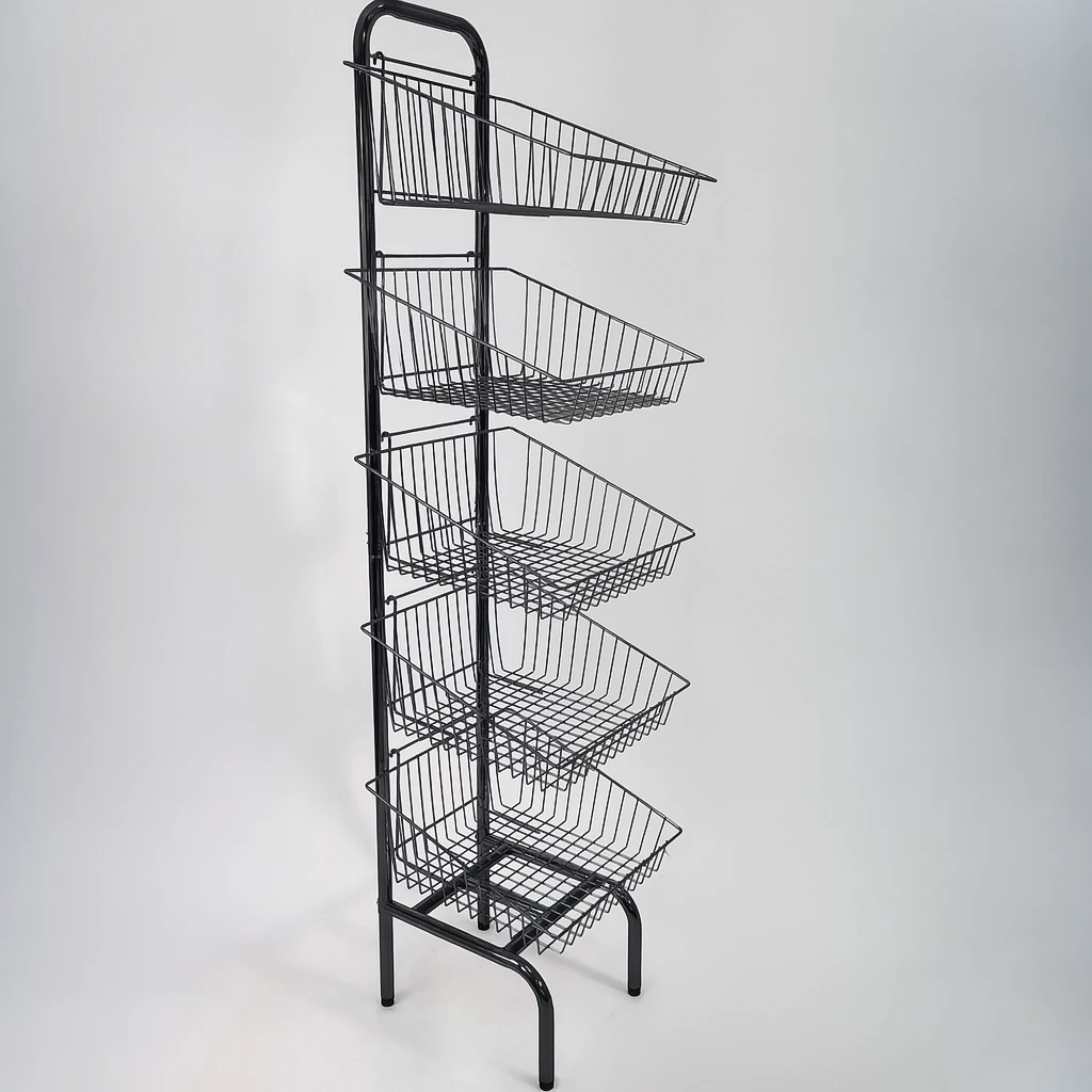 5 Tier Black Wire Basket Stand–Freestanding Display Rack for Bread,Snacks & More