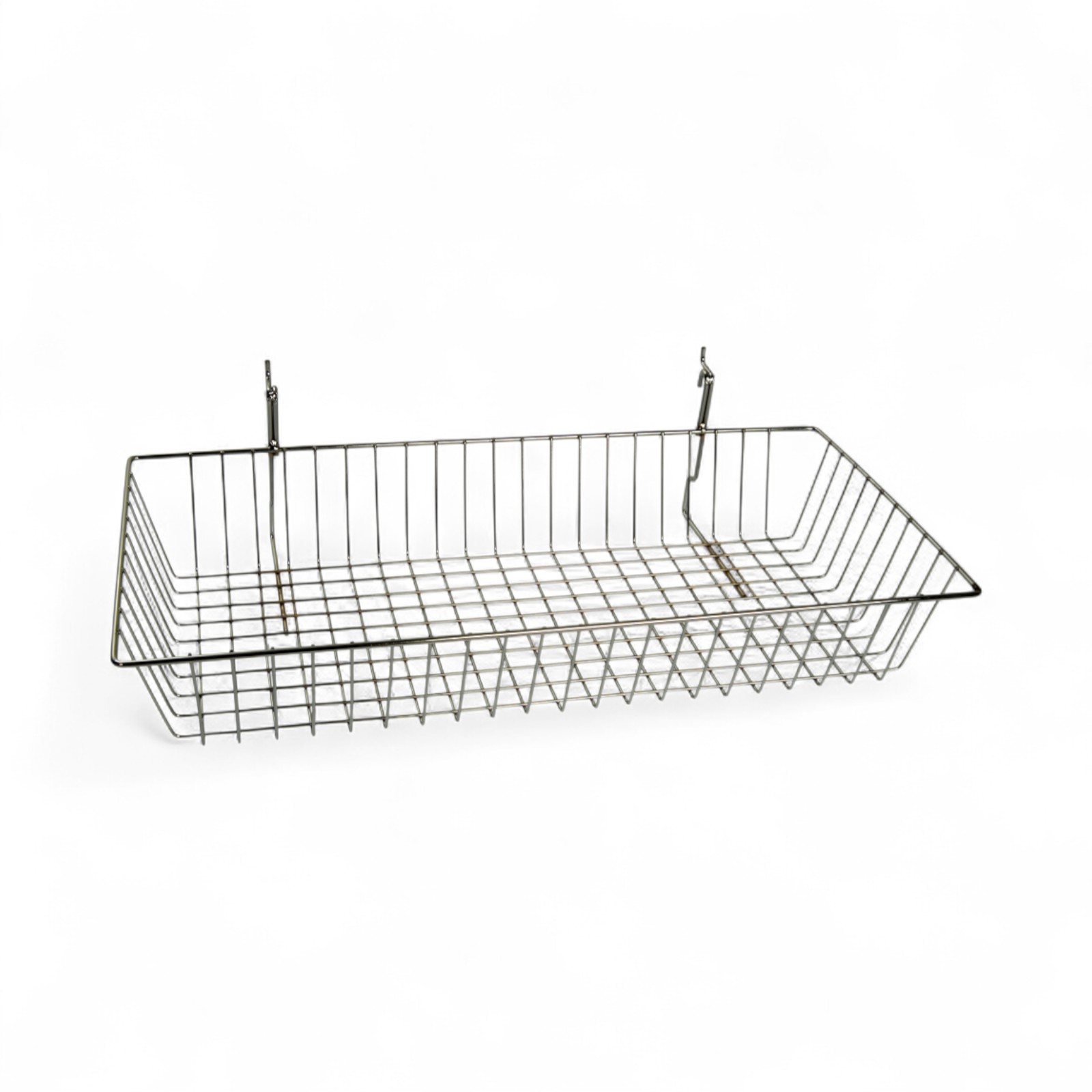 Shallow Multifit Basket 600mm – Chrome Display Basket for Grid, Slat & Pegboard