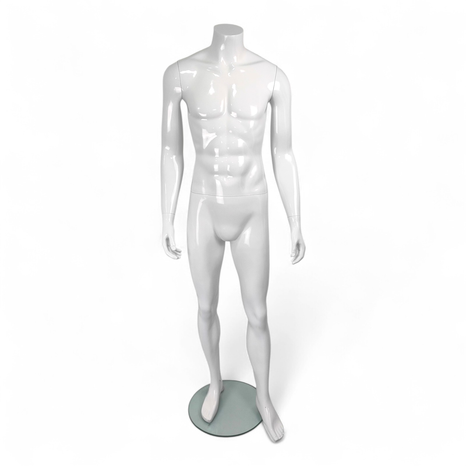 Headless Male Fiberglass Mannequin Glossy White Finish with Glass Stand 172cm