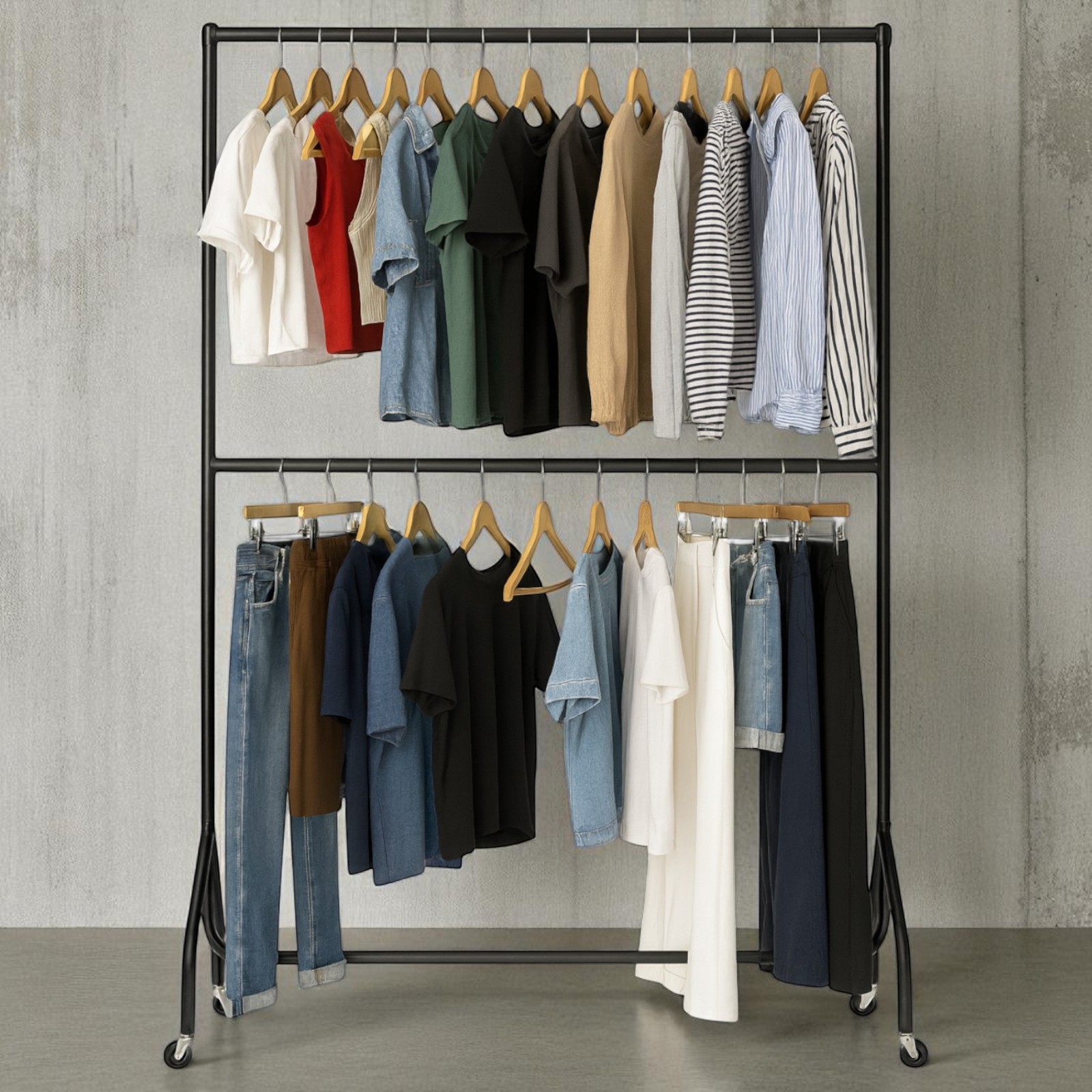 2-Tier Black Heavy-Duty Clothes Rail - 150 kg UDL Steel Garment Rack with Wheels