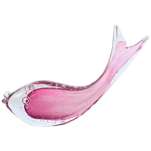 Large Hand Made Magenta Pink and Clear Bubble Art Glass Fish Sculpture 1960s