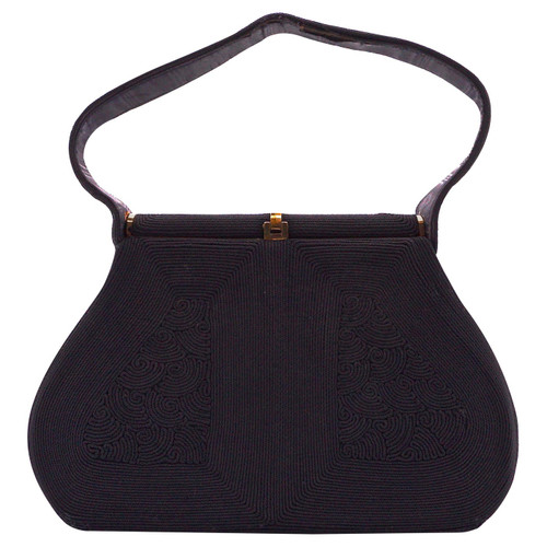 1940s Dark Navy CordÃ© Handbag with Gold Tone Metal Fittings, Made in England