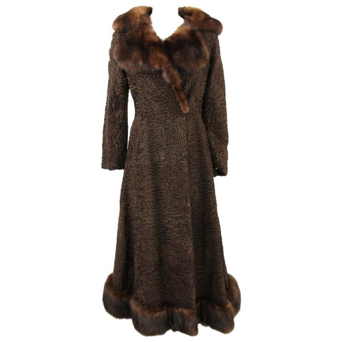 1970s G. Balzani Brown Bukara Persian Lamb Coat Hemmed with Sable Fur