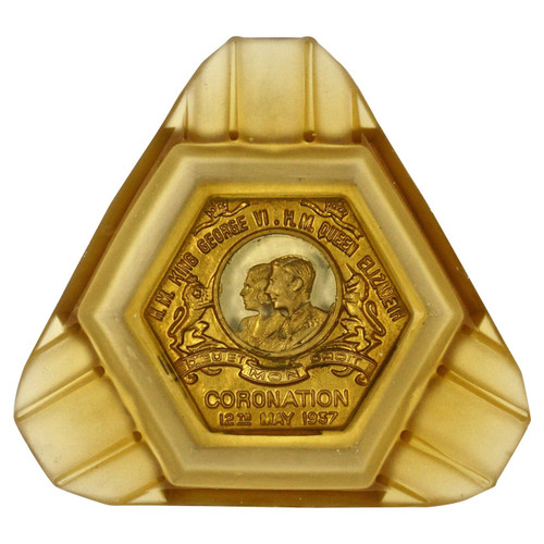 Art Deco Amber Glass King George VI and Queen Elizabeth Coronation Ashtray 1937