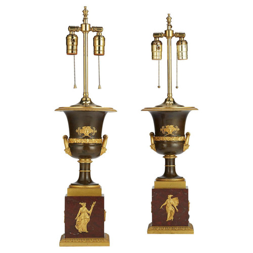 Pair French 19th Century Napoleon III Empire Style Gilt-Bronze Urn Table Lamps