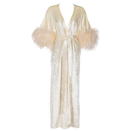 Bill Tice Cream Velvet Feather Trim Caftan Robe 1970s