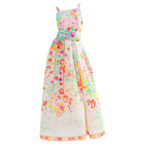 Leonard Paris Multicolor Florals Silk Sleeveless Maxi Dress Gown, 1990s