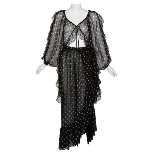 Yves Saint Laurent Black Beige Polka Dot Ruffle Jacket Top Skirt Set YSL 1980s