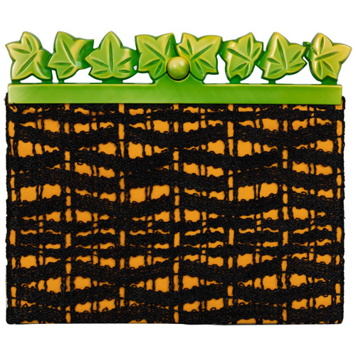 Isabel Canovas Black & Gold Silk Leather Green Bakelite Leaf Clutch, 1980s