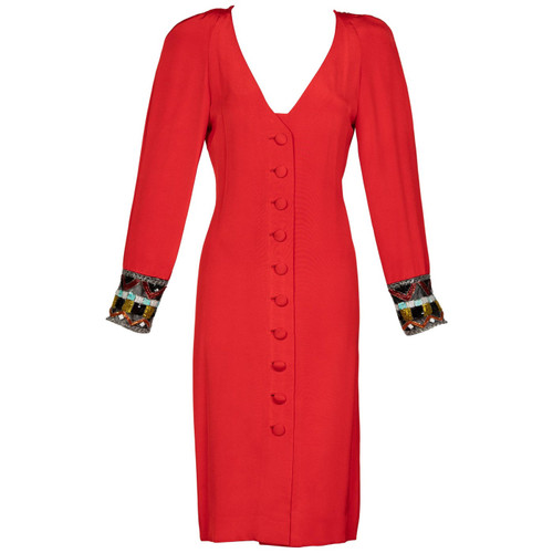 Bob Mackie Red Button Front Dress Beaded Cuffs, 1980s