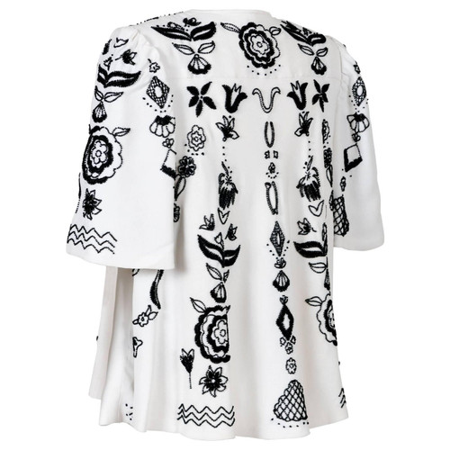Tiziani by Karl Lagerfeld White Silk Black Floral Embroidered Swing Coat, 1960s