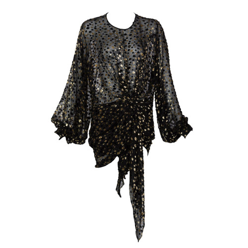 Saint Laurent Sheer Black Silk Gold Lurex Dot Cut Out Back Tunic Mini Dress