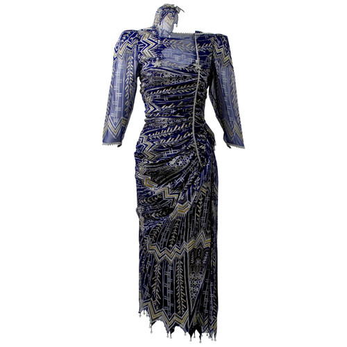 Vintage Zandra Rhodes Hand Painted Silk Dress, Pearl trimmed  Slip & Headpiece