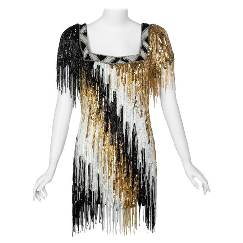 Incredible Vintage Bob Mackie Gold Black White Beaded Fringe Mini Dress