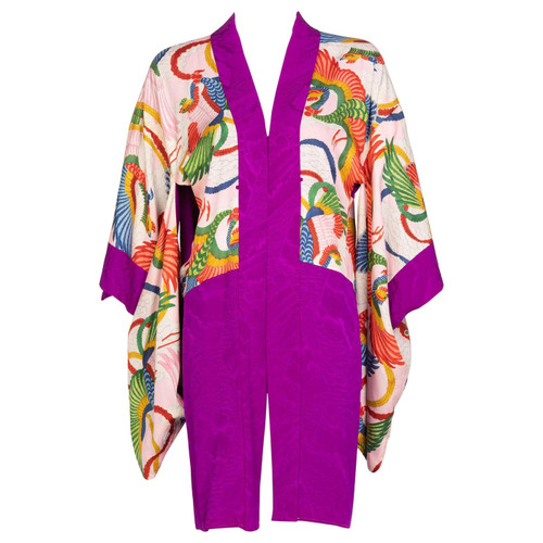 Vintage Japanese Magenta Silk Print Kimono Jacket