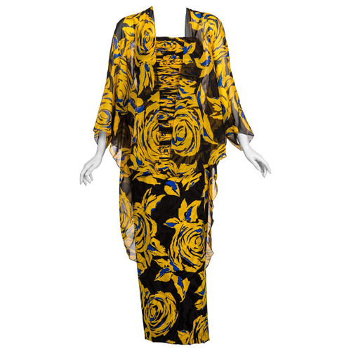 Valentino Yellow Floral Print Draped Black Silk Fishtail Gown Shawl, 1970s