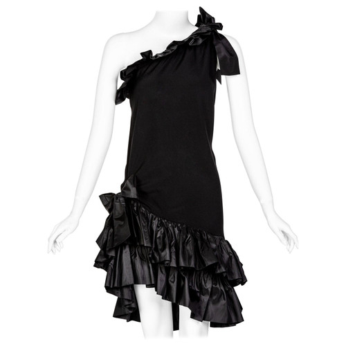 Yves Saint laurent Black Taffeta Ruffle One Shoulder Bow Dress YSL, 1990s