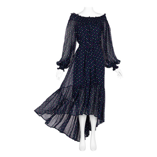 Saint Laurent Blue Polka Dot Off Shoulder Silk Dress YSL 1970s