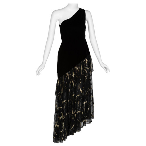 Saint Laurent YSL One shoulder Black Velvet Metallic Layered Dress, 1980s