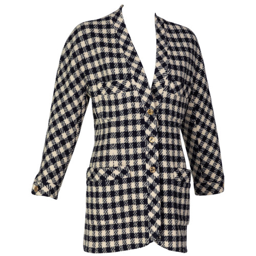 Chanel Black CrÃ¨me Wool Check Gold Button Cardigan Jacket, 1980s