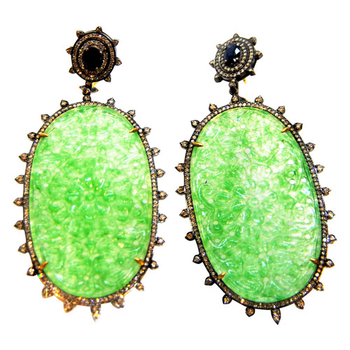 2.83 Carat Diamond and Jade Dangle Earrings in 18 Karat Gold and Silver