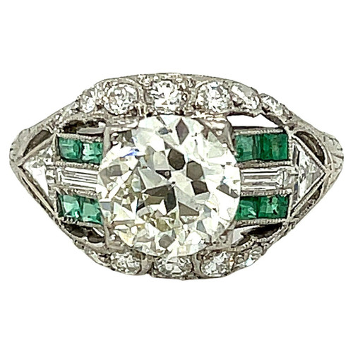 Antique Art Deco Platinum Old Europeans Cut Diamond Emerald Engagement Ring