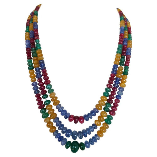 Natural Blue Sapphire, Emerald, Spine & Yellow Sapphire Beaded 3 Strand Necklace